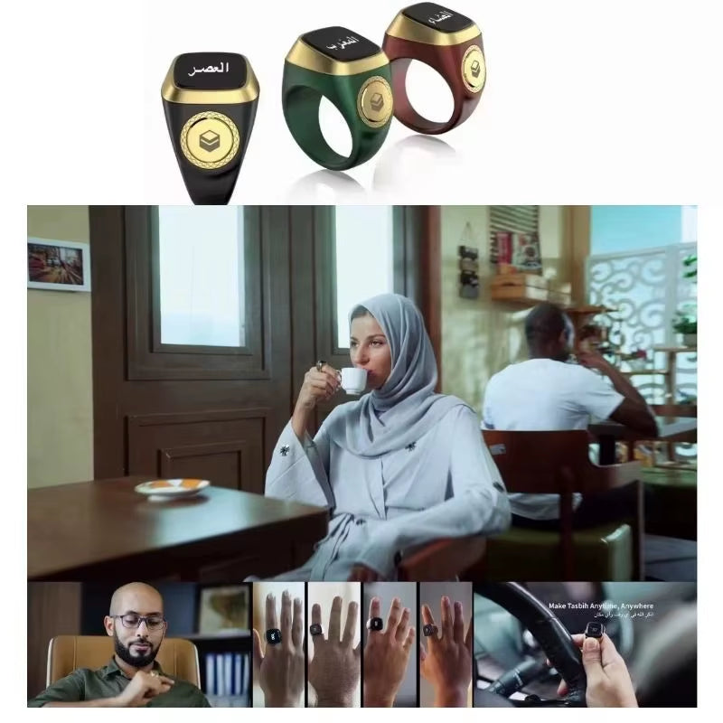 Halal Certified E01 Smart Zikr Ring Tasbih Counter Prayer Reminder Qibla Direction & Alarm Clock for Muslim Worship Tracking