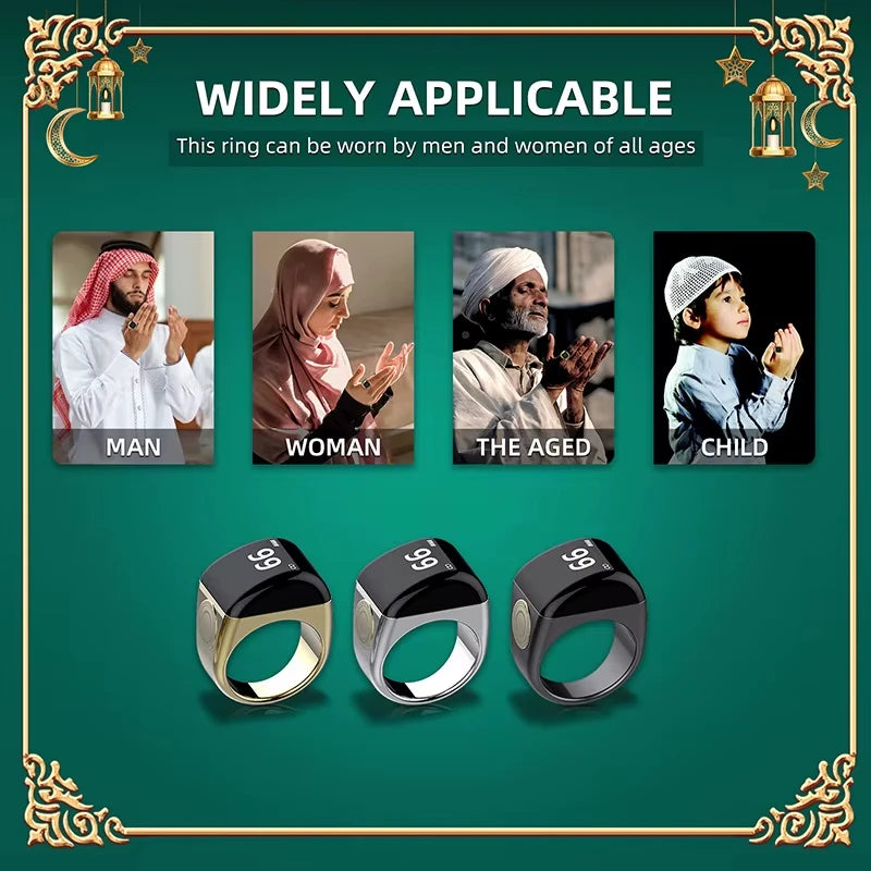 Smart Tasbeeh Ring 5 Prayer Times Counter Vibration Reminder Waterproof Qibla for Muslims 