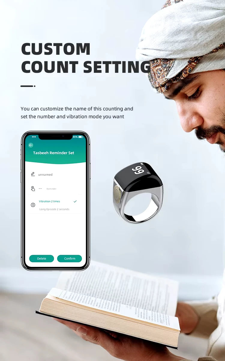 Smart Tasbeeh Ring 5 Prayer Times Counter Vibration Reminder Waterproof Qibla for Muslims 